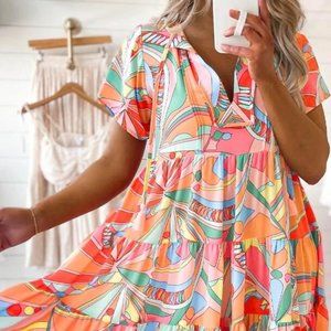 Multicolor Abstract Geometric Print Tassel Tie Flared Dress